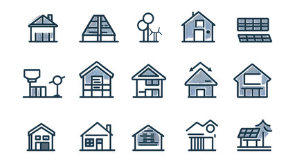 Fototapeta premium A set of minimalistic energy-efficient building icons for eco-architecture, featuring elements like solar panels, wind turbines, and smart homes.