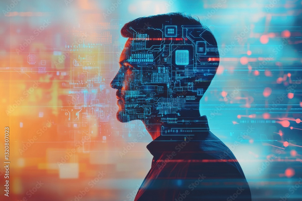 Poster a striking profile of a man overlaid with digital circuits and binary code, representing the fusion 