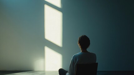 A person sits at a desk or table with their back to the camera, facing a dimly lit window