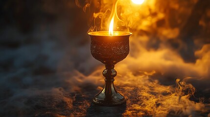 Golden chalice with flame illuminating dark space.