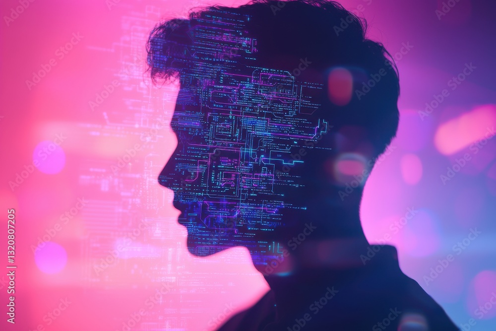 Poster a vibrant profile of a man with digital interface, symbolizing the integration of humanity with adva