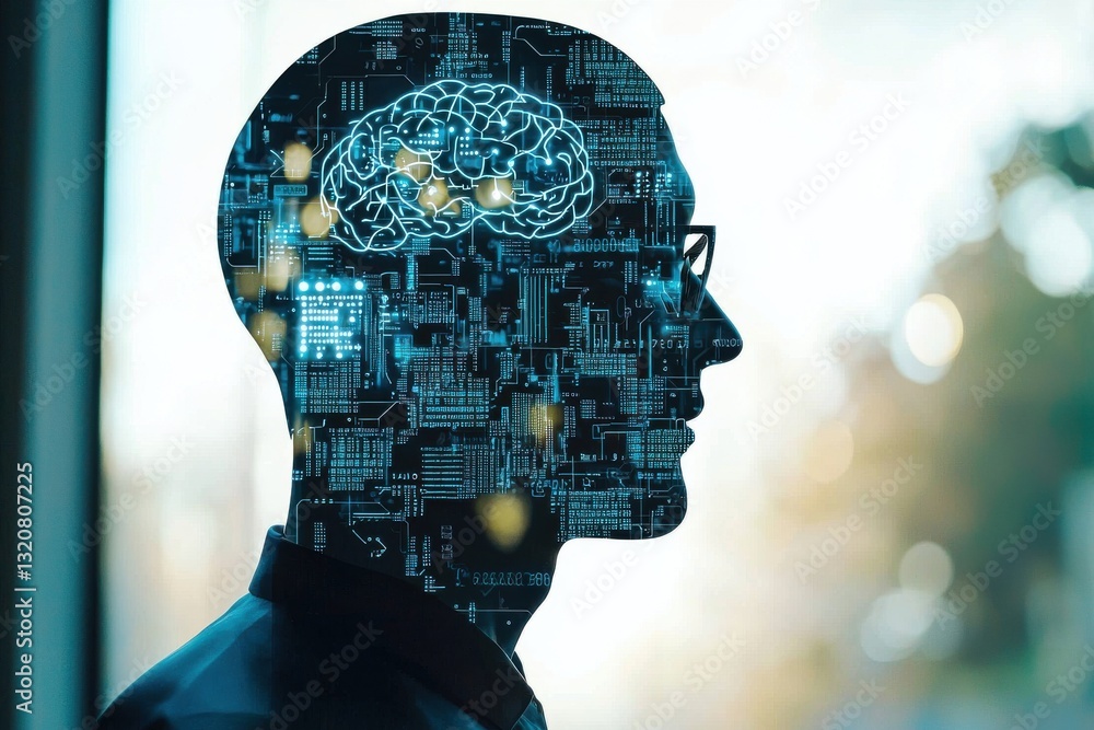 Poster a technological representation of a human mind with circuit patterns and digital brain, showcasing a
