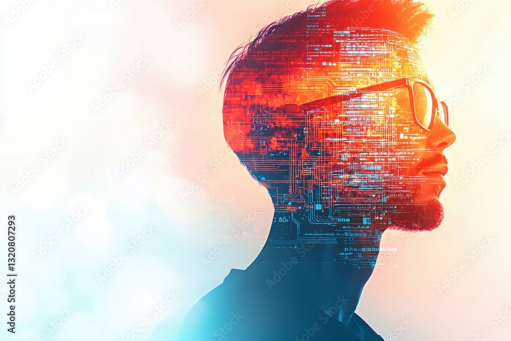 Poster silhouette of a man with glasses filled with circuit board and data, symbolizing ai and future tech,