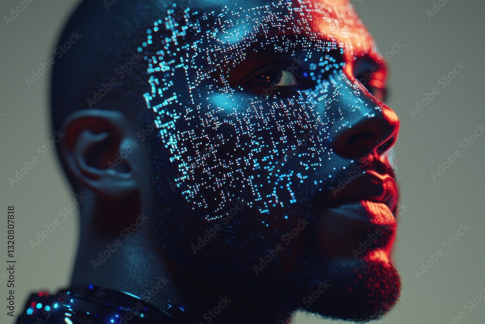 Aufkleber a futuristic portrait of a man with glowing digital patterns projected on his face, illuminated by b