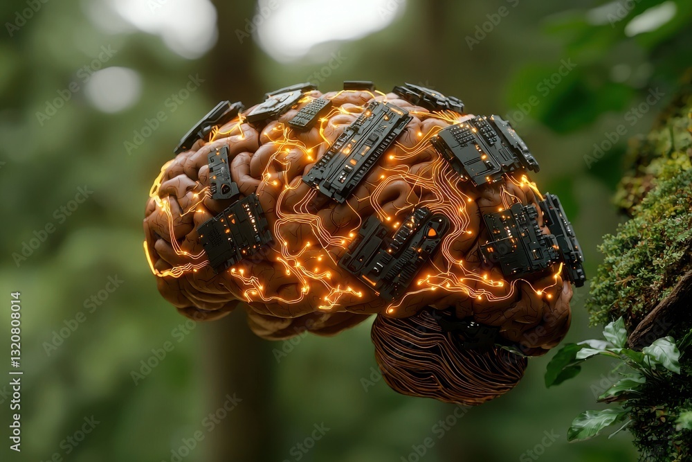 Poster a futuristic concept featuring a brain enhanced with technology, circuits, and glowing neural pathwa