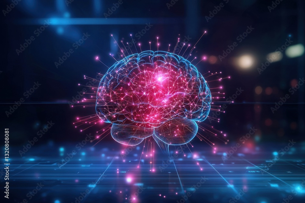 Poster a digitally rendered human brain with glowing neural connections, representing artificial intelligen