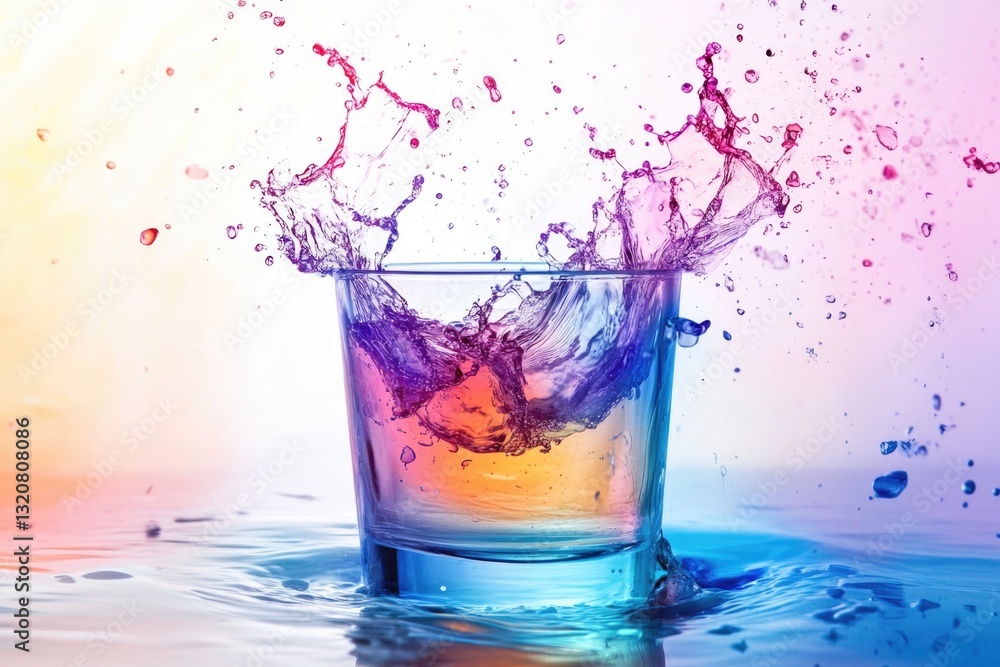 Poster water splashes into a clear glass from above, creating a ripple effect