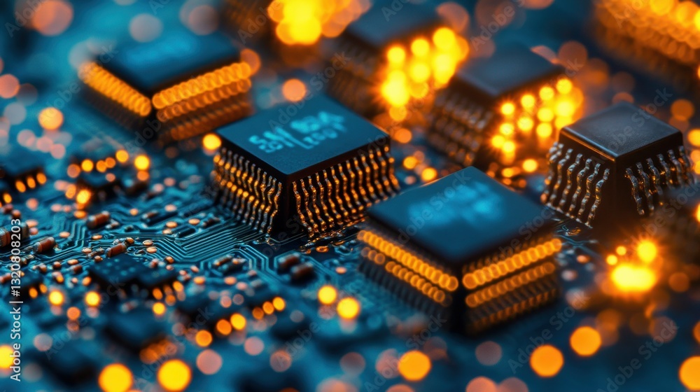 Poster close-up of a circuit board with illuminated chips