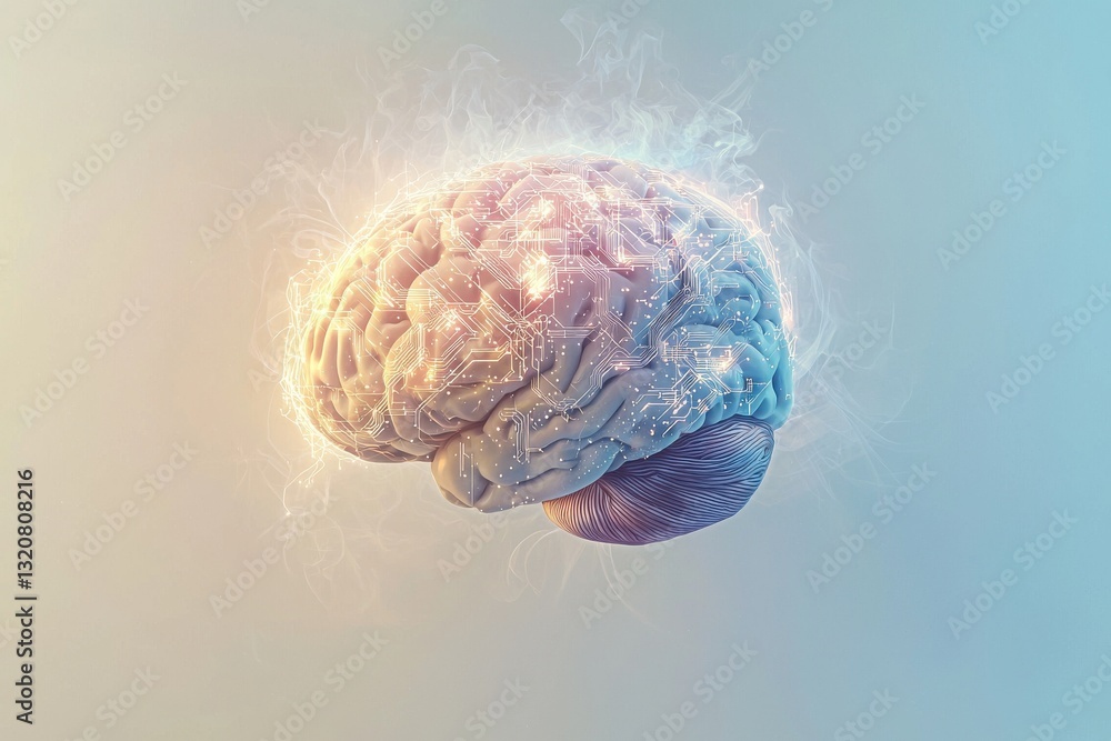 Poster a detailed 3d rendering of a human brain with glowing neural pathways, symbolizing intelligence, tec
