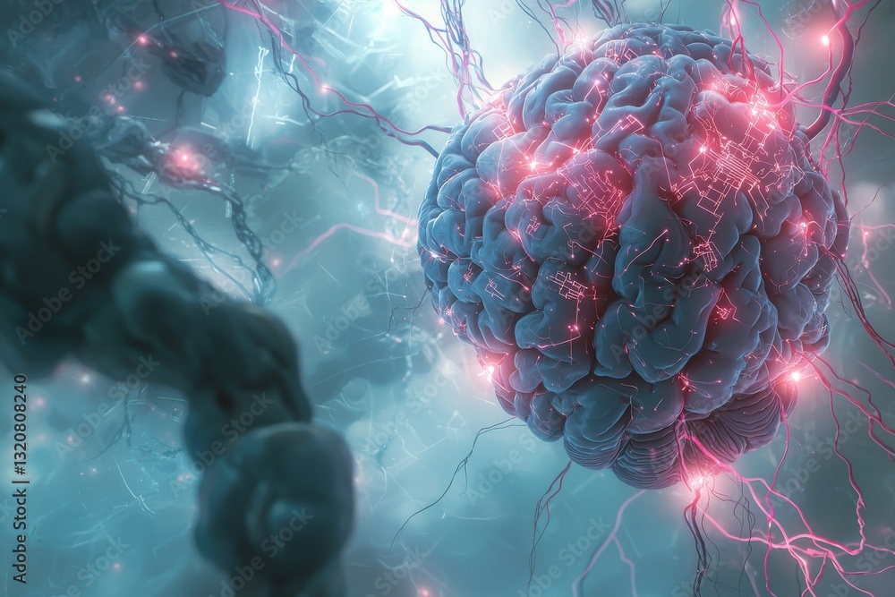 Poster digital human brain with glowing neural connections and network, illustrating artificial intelligenc