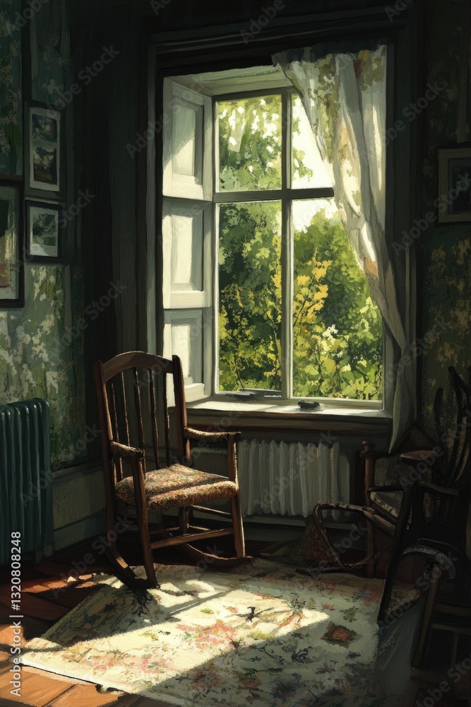 Poster a traditional rocking chair sits in front of a window, perfect for reading or relaxing