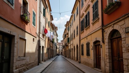 Charming Narrow Street with Historic Buildings and Laundry Hanging in the Heart of a Village