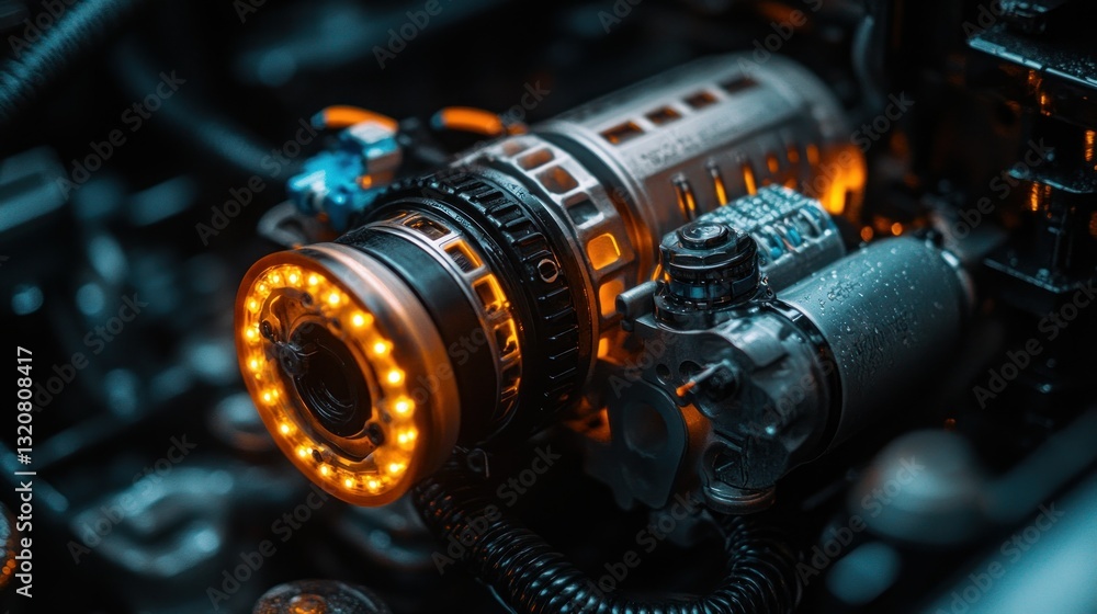 Poster close-up of a modern vehicle engine component with highlighted technical details. engine components 