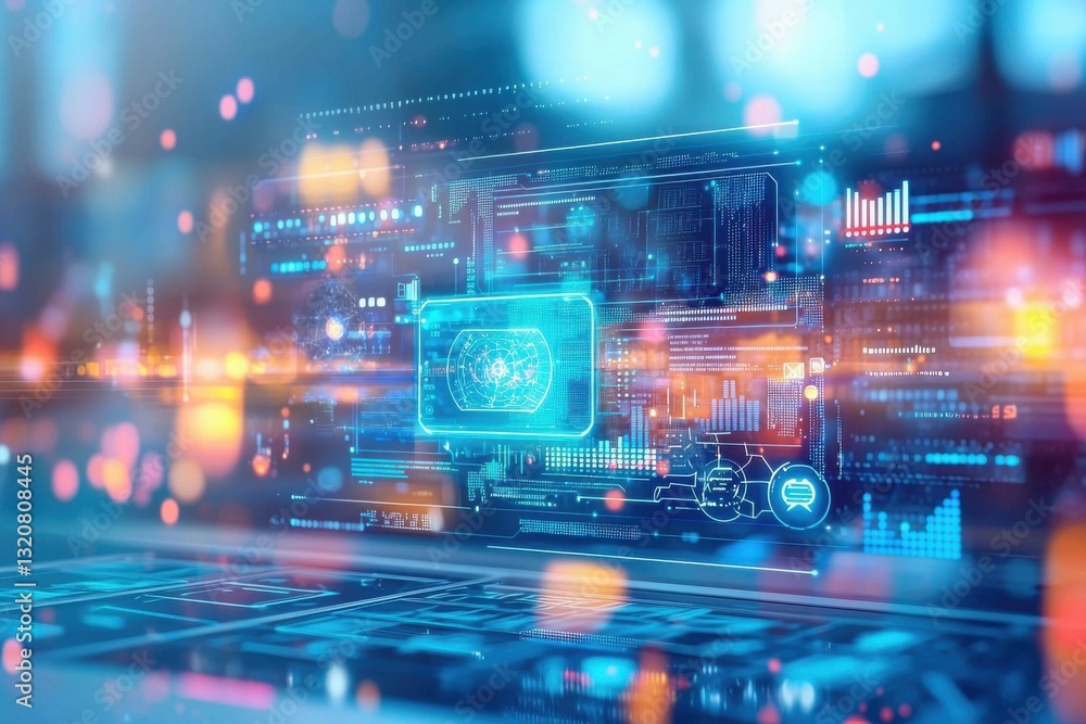 Poster abstract technology background with glowing interface and data visualization, representing the futur