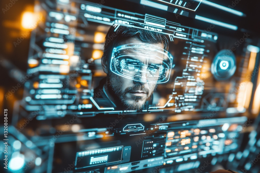 Poster a focused man wearing augmented reality glasses surrounded by futuristic interface and digital displ