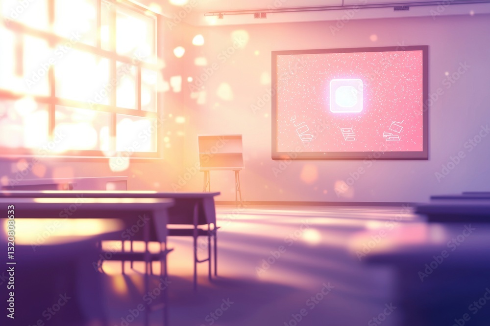 Poster sunlit classroom with an interactive whiteboard displaying educational icons creating a bright and w
