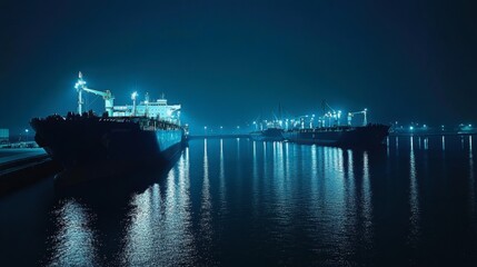 Obraz premium An industrial harbor at night with large shipping vessels lined up, waiting for cargo to be loaded.