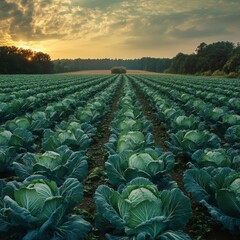 Fototapeta premium Lush green cabbage field under a beautiful sunset sky