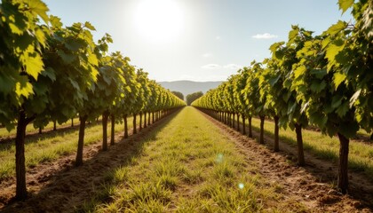 Lush Vineyard Rows Under Bright Sunlight with Blue Sky and Mountains in Background