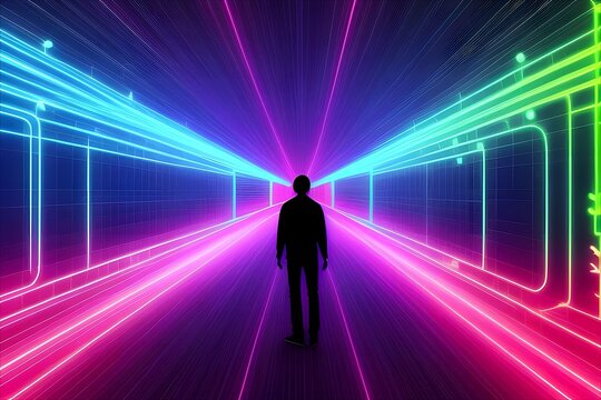 man walking in tunnel with neon lights - Powered by Adobe