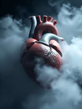 Human heart surrounded by stifling fog symbolizing pericarditis, soft lighting, realistic textures, dramatic focus, high-detail render
