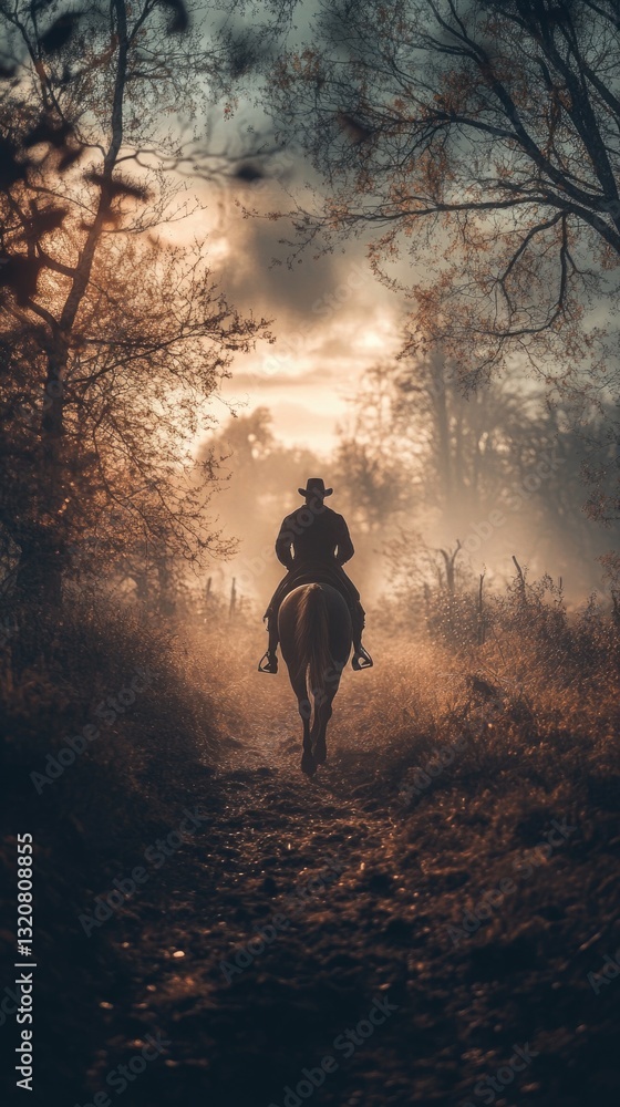 Poster a rider navigates a dusty path on horseback, with rolling hills and trees in the background