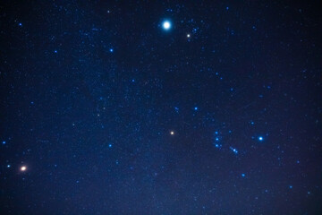 Real Milky way stars and Orion constellation photographed with a wide angle lens from a dark countryside location.