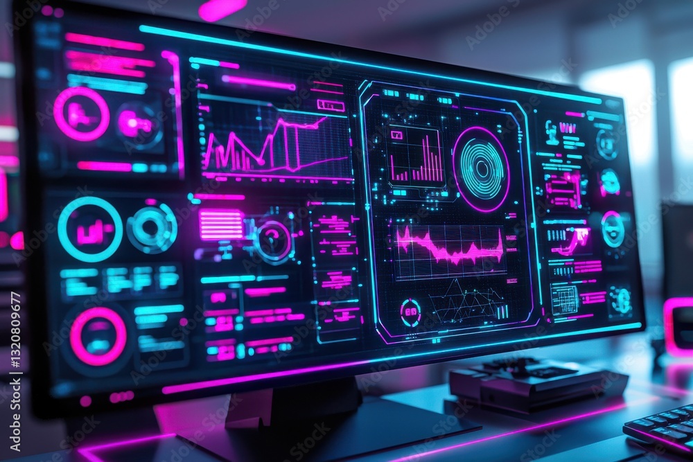 Poster a modern computer screen displays complex data visualizations in neon pink and blue, presenting a fu
