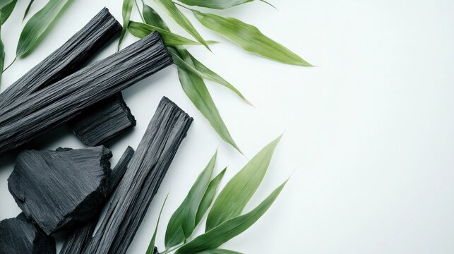Activated charcoal pieces and bamboo leaves on white background