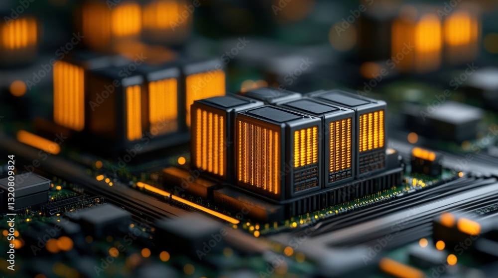 Poster close-up of futuristic circuit board with glowing components