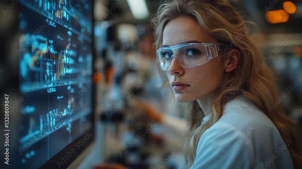Poster a skilled engineer in safety glasses examines complex data on a screen in a high-tech manufacturing 