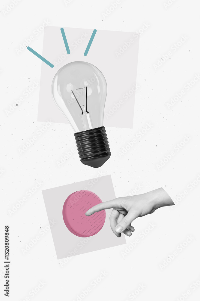 Poster template sketch image composite artwork collage of hand gesture finger point touch button idea lamp 