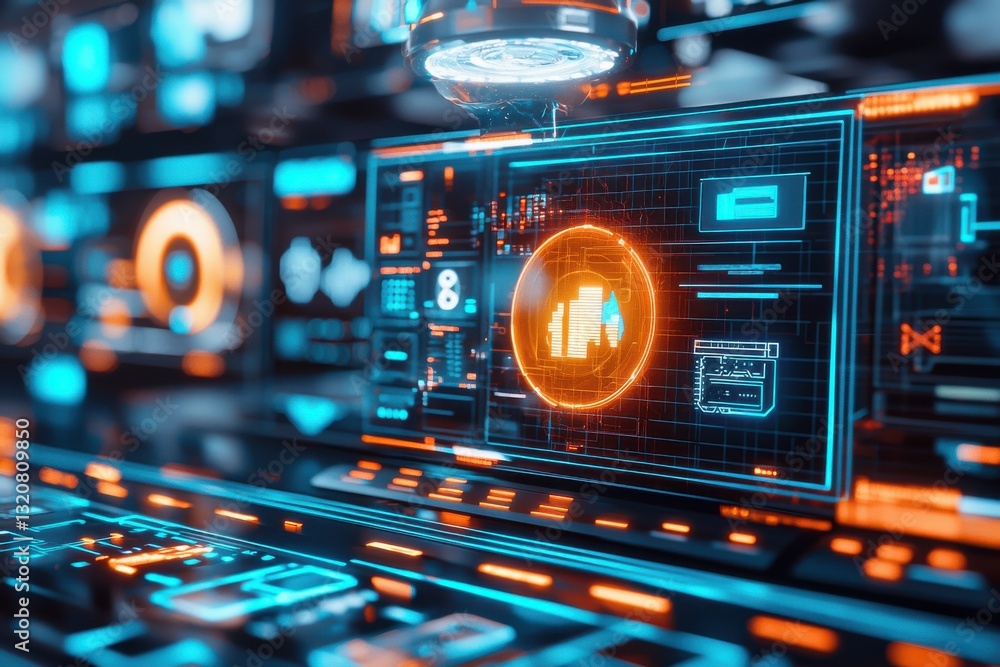Poster futuristic control panel interface with glowing digital data and circuit patterns, displaying advanc