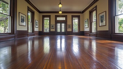 Spacious, sunlit room with hardwood floors, high ceilings, large windows, and framed portraits.