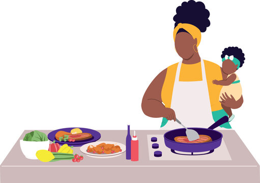 Plus Size Black Mother With Apron Cooking Dinner While Carrying Her Baby Girl With One Arm.