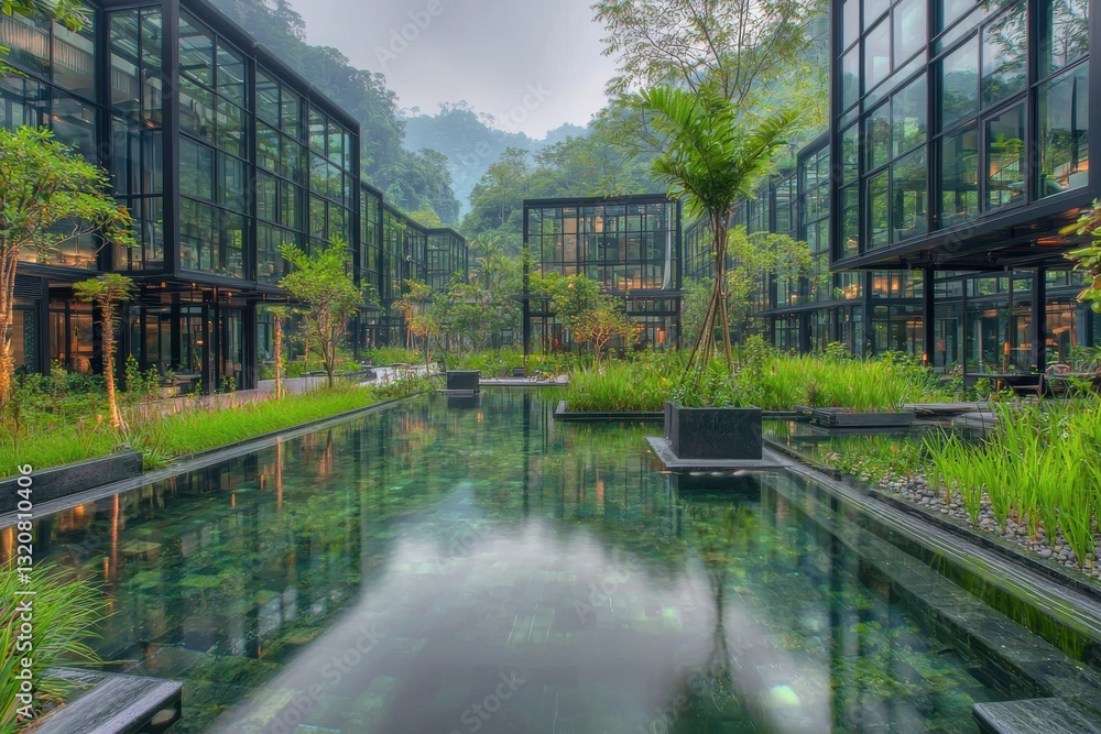 Poster modern architectural complex nestled in lush greenery with a reflective pool, creating a serene and 