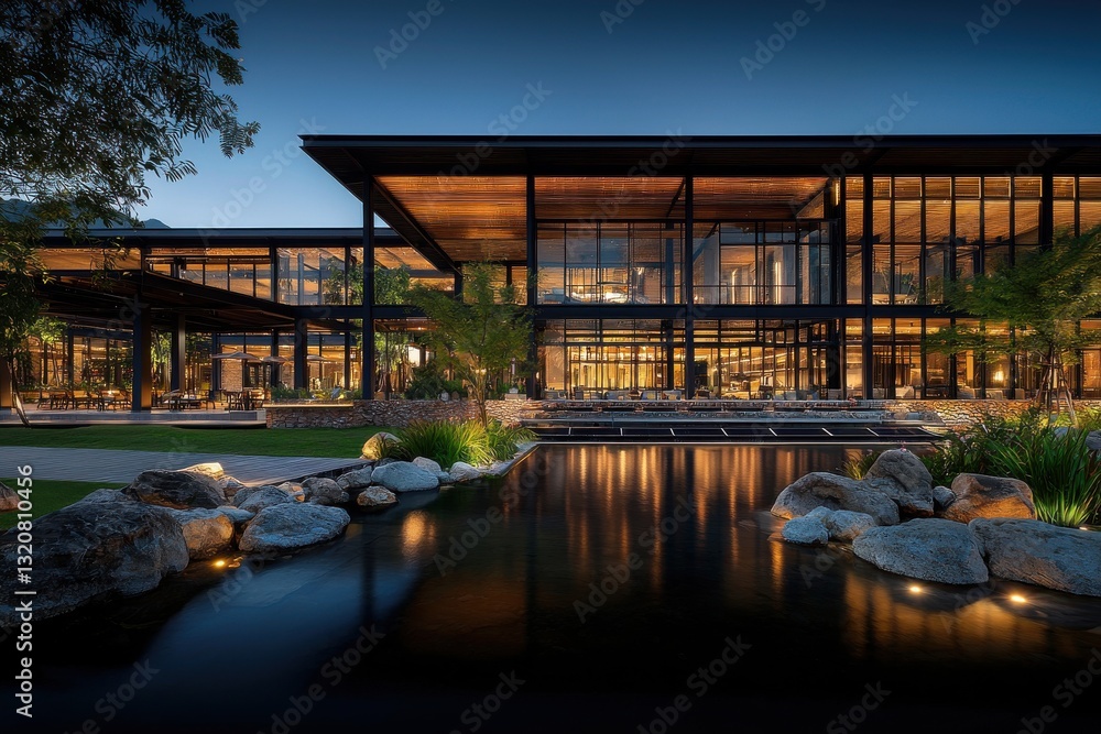 Poster elegant modern building with large glass windows reflected in a tranquil pond at twilight, showcasin