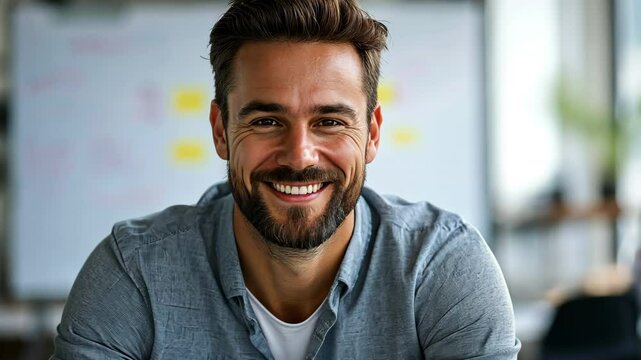 A businessman grinning while seated in front of a flip chart