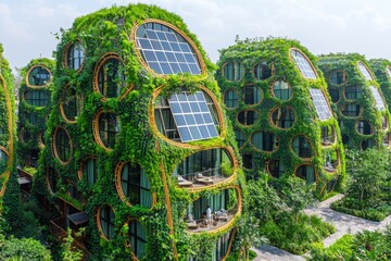 A unique eco-friendly building design covered in lush greenery and solar panels, showcasing sustainable architecture and blending nature with modern construction.