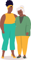 Plus Size Black Elderly Mother And Adult Daughter Standing Together With Arms Around.