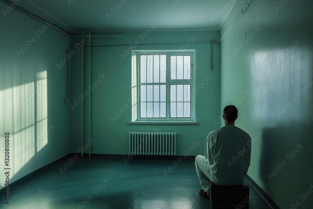 Poster a person is seated in a room with a window, offering a glimpse into the outside world