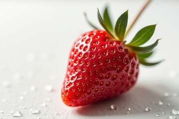 Fresh ripe strawberry with water droplets on white background, close-up macro shot of juicy fruit