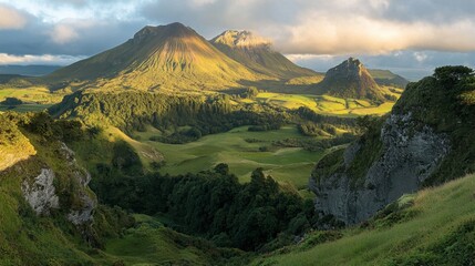 Fototapeta premium A breathtaking vista of the Auvergne volcano at golden hour, with the sunlight highlighting the lush greenery.