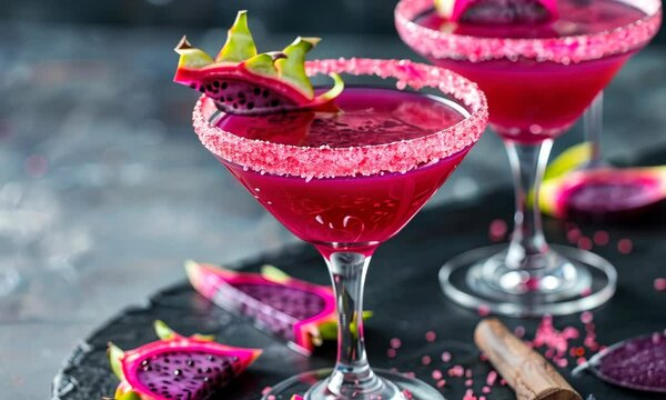Vibrant dragon fruit cocktails with sugar rims on black tray
