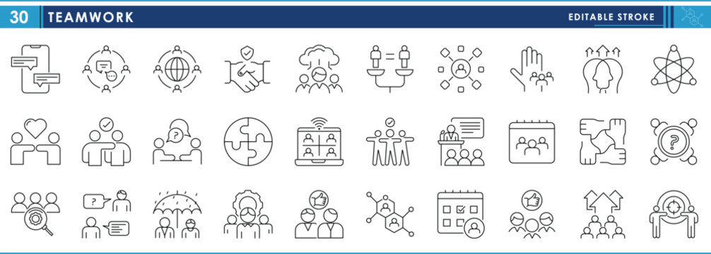 A set of line icons related to Teamwork. Team, strategy, community, workshop, job, people, target, and so on. Vector editable stroke.