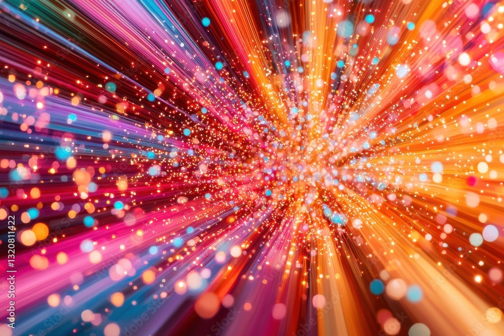 Poster a dynamic burst of colorful light streaks converging at a central point, creating an energetic and v