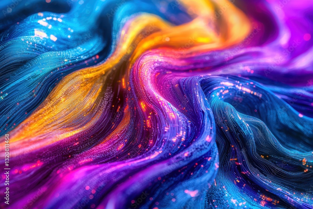 Poster an abstract multicolored flow design with vibrant and dynamic waves that intertwine seamlessly, crea