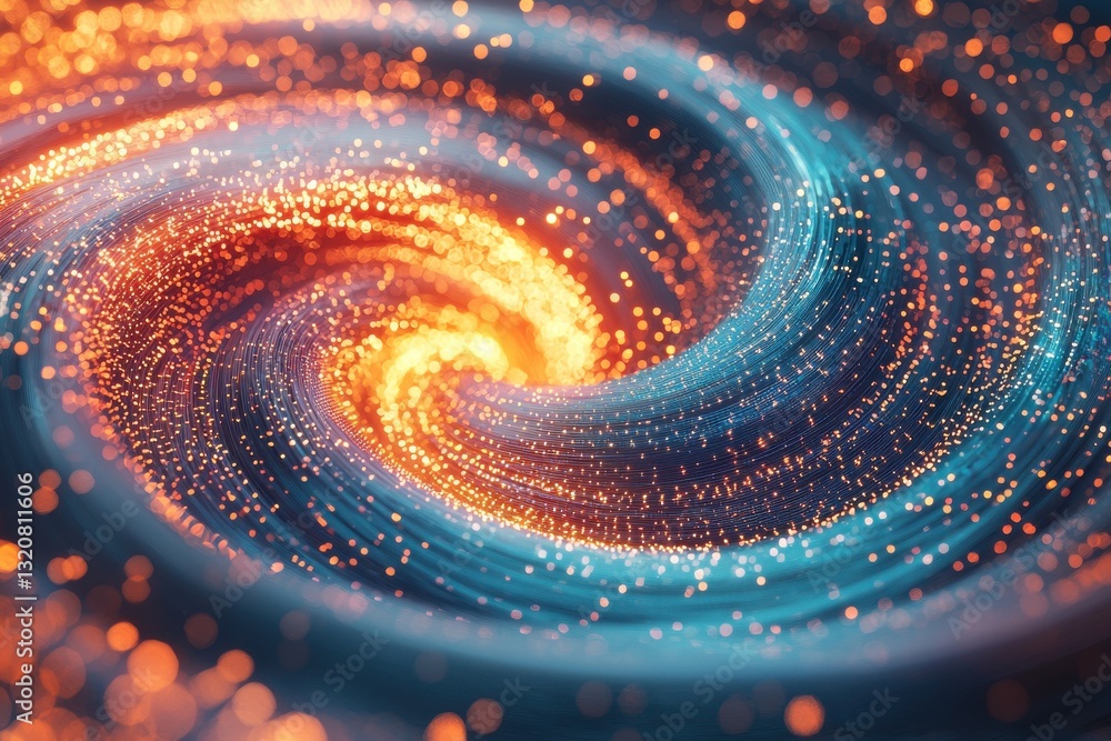 Poster a mesmerizing abstract spiral vortex with glowing particles of orange and blue, creating a dynamic e