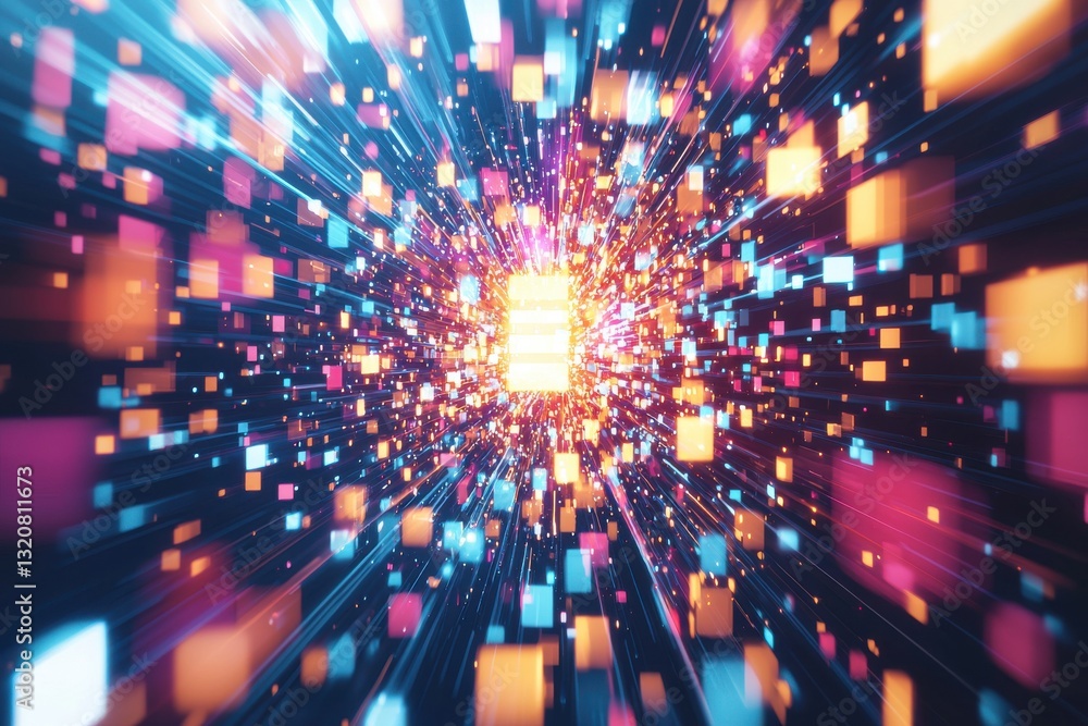 Poster abstract data stream background with neon squares flowing towards a central light source, creating a