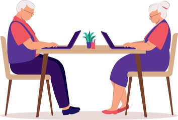 Side View Of An Elderly Couple Sitting At The Desk Using Laptop.
